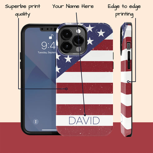 Diagonal American Flag Custom Name iPhone Case